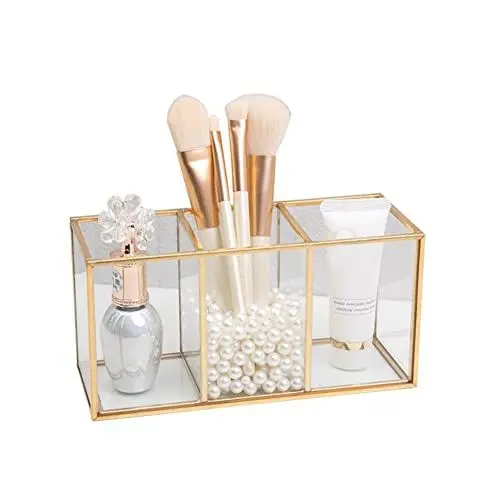 Produktbild: Duqulle Kosmetik Organizer Glasklar Klarglas Kosmetikpinsel Behälter Lippenstift Schminkpinsel Aufbewahrungsbox Schmuckkästchen, Make Up Behälter Schminke Aufbewahrung, 3 Fächer