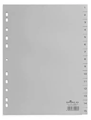 Produktbild: Durable Zahlenregister (A4, geprägte Taben 1-15, PP volldeckend) 20 Stück, grau, 652410