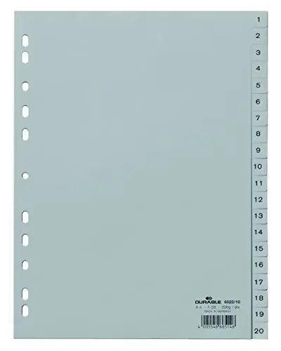 Produktbild: Durable Zahlenregister (A4, geprägte Taben 1-20, PP volldeckend) 20 Stück, grau, 652210
