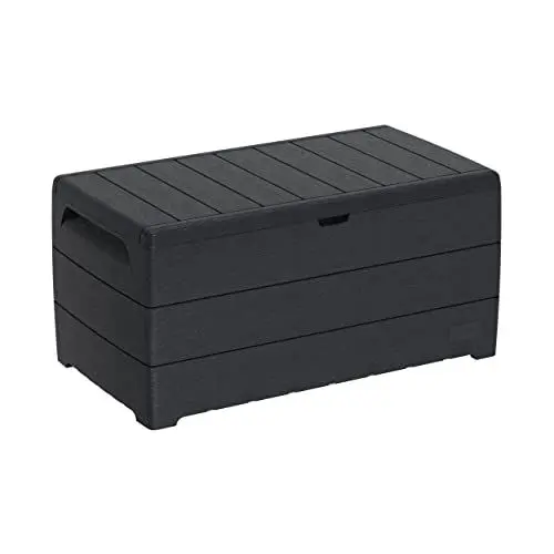 Produktbild: Duramax Cedargrain Durabox 416 Liter/ 110 Gallonen Kissenbox aus Kunststoff, Auflagenboxen für Terrasse und Gartenmöbel, abschließbare Kissenbox aus Kunststoff mit Gasflasche, Dunkelgrau