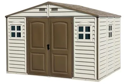 Produktbild: Duramax WoodSide 10 x 8 (7.64 m²) Kunststoff gerätehaus mit 3 festen Fenstern und Metallfundamentset, Gerätehaus, wartungsfreie und robuste und Dachstruktur aus Metall, Ivory/Brown