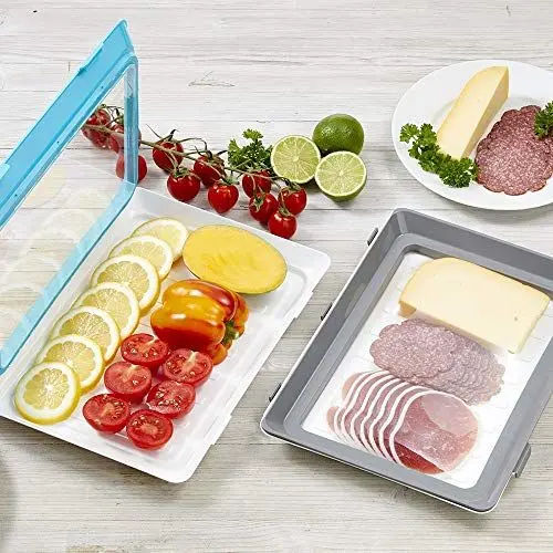 Produktbild: Durandal 2er Set Aufschnittboxen für Kühlschrank aus BPA-freiem Plastik – stapelbare Frischhaltedosen mit Deckel luftdicht – Optimal zur Käse und Wurst Aufbewahrung in Kühlschrank – Blau + Grau