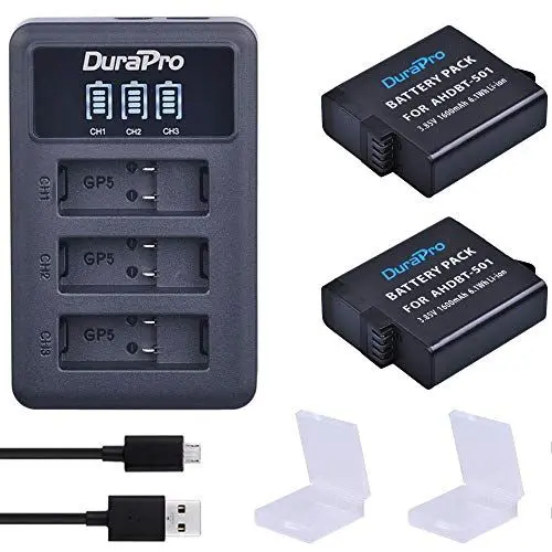 Produktbild: Durapro 2X AHDBT-501 Akku + LED USB Ladegerät mit Typ C Port für Gopro 7 GoPro 5 Gopro 2018 GoPro Hero 6 Kameras