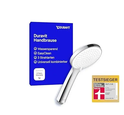 Produktbild: Duravit Universal Duschkopf, Duschbrause mit 3 Strahlarten (Rain, Intense Rain, Soft Rain), Handbrause rund (Ø 110 mm), mit wassersparender MinusFlow-Funktion, reinigungsfreundlich, Chrom/Weiß