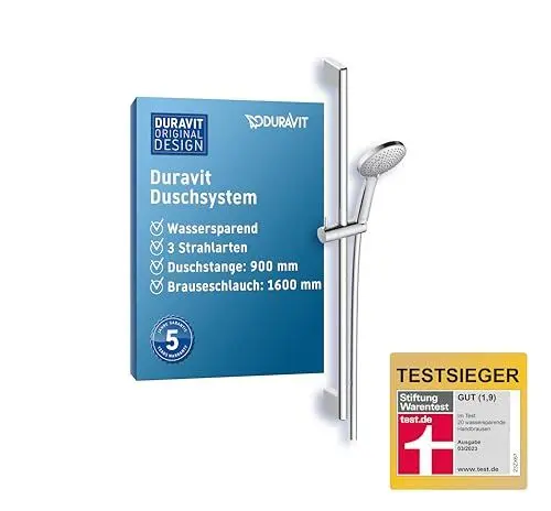 Produktbild: Duravit Universal Duschset, Duschkopf mit 3 Strahlarten (Rain, Intense Rain, Soft Rain), wassersparender Duschkopf mit Schlauch, variable Duschstange (900 mm), Duschschlauch (1600 mm), Chrom