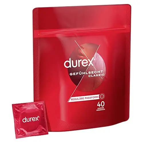 Produktbild: Durex Gefühlsecht Classic Kondome – Dünne Kondome mit anatomischer Easy-On-Form & mit Silikongleitgel befeuchtet – 40er Pack (1 x 40 Stück)
