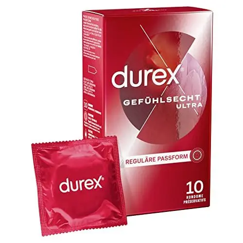 Produktbild: Durex Gefühlsecht Ultra Kondome – 20% dünnere Kondom-Spitze, befeuchtet, transparent, angenehmer Geruch – 10er Pack (1 x 10 Stück)
