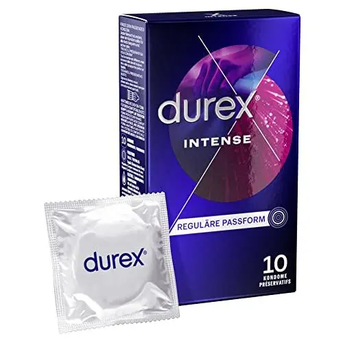 Produktbild: (NEU) Durex Intense Kondome – Für komfortablen Sitz, safer sex und hervorragende Gleitfähigkeit mit Noppen, Rippen & viel Desirex-Gel, anatomische Easy-On-Form – 10er Pack (1 x 10 Stück)