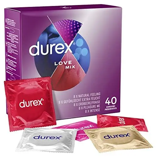Produktbild: Durex Love Mix Kondome-Mischung – Vielseitige Mixpackung mit 5 verschiedenen Kondom-Sorten zum Ausprobieren – 40 Kondome (1er Pack)