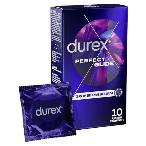 Produktbild: Durex Perfect Glide Kondome – Mit viel Silikongleitgel für besonders lange Gleitfähigkeit & ein sicheres Gefühl – 10er Pack (1 x 10 Stück)