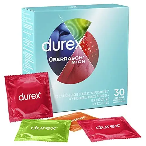 Produktbild: Durex Überrasch Mich Kondome-Mix – Mischung mit 4 verschiedenen Kondom-Sorten zum Ausprobieren – 30er Pack (1 x 30 Stück)