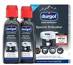 Produktbild: durgol swiss espresso Spezial-Entkalker – Kalkentferner für Kaffeemaschinen aller Typen und Arten – Einfache Reinigung ohne Einwirkzeit & Rückstände – Deutsche Version – 2x125ml