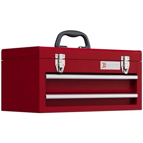 Produktbild: DURHAND Werkzeugkoffer leer, 46 x 24 x 22 cm Werkzeugkasten mit 2 Schubladen, oberes Staufach, Handgriff, Werkzeugkiste mit 2 Schloss, aus Stahl, Rot