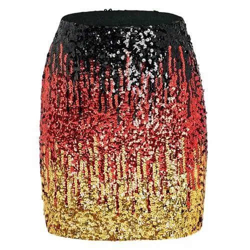 Produktbild: Durio Pailettenrock Für Damen Glitzer Rock Kurz Damen Sexy Midi Skirt Hüftrock mit Elastische Taille Party Rave Outfit Schwarz/Rot/Gold M