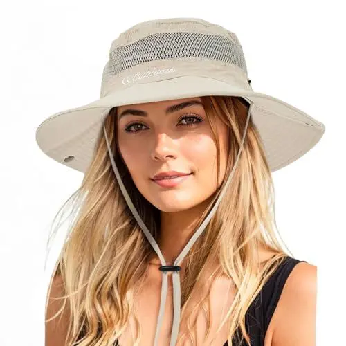 Produktbild: Durio Sonnenhut Damen und Herren - Outdoor Sommer Wanderhut UV-Schutz Bucket Cap mit Kinnriemen Fischerhut Safarihut Faltbar Mesh Breite Krempe Campinghut Beige