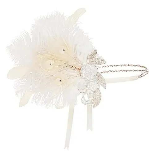 Produktbild: Duriya Damen 1920s Stirnband 20er Jahre Accessoires Kopfschmuck Great Gatsby Kostüm Accessoires 20er Jahre Flapper Feder Haarband (A-Weiß)
