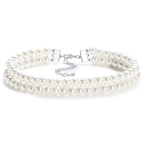 Produktbild: Duriya Perlenkette Damen Weiße Perlen Halskette Kurz Multi Schichte Choker Kette verstellbare Perlenimitaten Pearl Necklace Retro Stil Fasching Kostüm Zubehör Geschenk Doppellagige Halskette