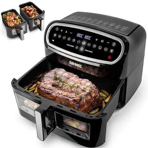 Produktbild: Duronic AF34 BK Heißluftfriteuse, XXL Heißluftfritteuse mit 2 Kammern für Pommes, Friteuse HLF 10L Volumen Airfryer, Air Fryer für Rezepte ohne Öl