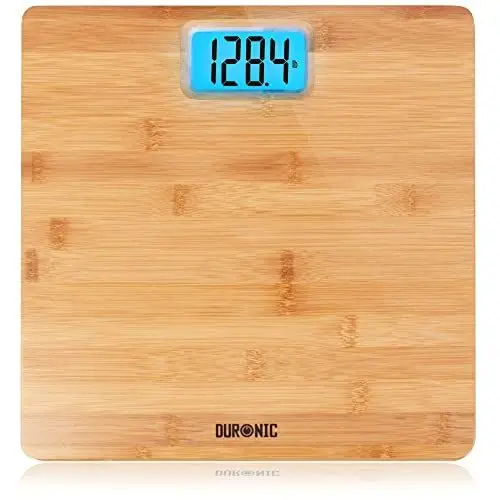 Produktbild: Duronic BS504 Personenwaage aus Bambus Holz, Digitale Waage bis 180 kg, AAA Batterien, Hochpräzisions-Sensoren Step-On Technik, Hintergrundbeleuchtete Gewichtswaage 30 x 30 cm, Badezimmerwaage