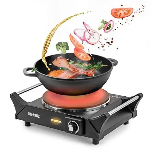 Produktbild: Duronic HP1 BK Kochplatte, elektrische Herdplatte, Kochfeld aus Edelstahl, rostfreier Stahl, stufenlose Temperatur, Tragegriffe, 1500 Watt, Camping