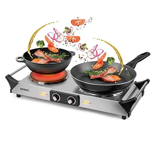 Produktbild: Duronic HP2 SS Herdplatte, Campingkocher mit 2 Kochfelder, Elektro Kochplatte für Camping, Büro, oder Küche, Doppelkochplatte mit stufenloser Temperatureinstellung, Doppel Kochplatte 2400 Watt