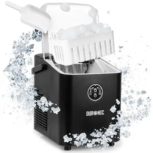 Produktbild: Duronic ICM12 BK Eiswürfelmaschine – Automatischer Eiswürfelbereiter 8 Würfel in 6–8 Min, 1 L Wassertank, 12 kg/24h, Leiser Kompressor 54 dB, 120 W – Eiswürfel Maschine Schwarz
