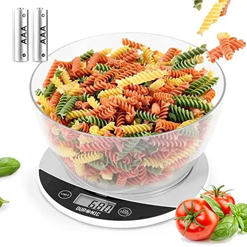 Produktbild: Duronic KS3000 Küchenwaage | 5 kg Digitalwaage rund mit 2 L abnehmbarer Schüssel | 1 g grammgenau Präzision-Feinwaage | Haushaltswaage mit Tara-Funktion | Digitale Waage mit Hold-Funktion | Zum Backen
