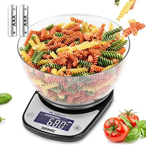 Produktbild: Duronic KS5000 BK/CR Küchenwaage, 5 kg Digitalwaage oval mit 2,5 L abnehmbarer Schüssel, 1 g grammgenau Präzision-Feinwaage, Haushaltswaage mit Tara