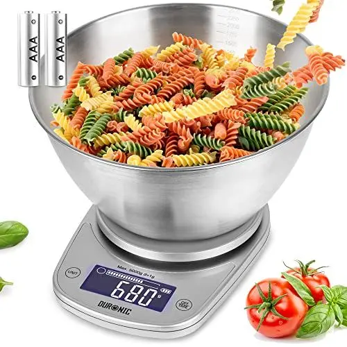 Produktbild: Duronic KS5000 SR/SS Küchenwaage, 5 kg Digitalwaage oval mit 2,5 L abnehmbarer Schüssel, 1 g grammgenau Präzision-Feinwaage, Haushaltswaage mit Tara