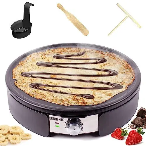 Produktbild: Duronic PM152 Crepesmaker, Crepes-Eisen für 37 cm XXL Crêpes, Tortillas Galettes Burritos Tacos Maker, Fiesta Elektrogrill mit Zubehör, Grillplatte mit stufenloser Temperatureinstellung, 1500 W