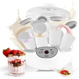 Produktbild: Duronic YM2 Joghurtmaschine | Joghurtbereiter mit 8 Keramikbechern und Deckel | 1000 ml Joghurt in 125 ml Portionen | Digitales Display | 24 Stunden Zeitschaltuhr | 20 Watt | Wärmefunktion mit 38°C