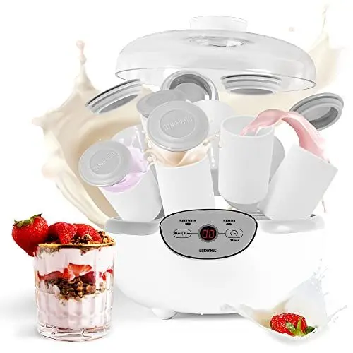 Produktbild: Duronic YM2 Joghurtmaschine | Joghurtbereiter mit 8 Keramikbechern und Deckel | 1000 ml Joghurt in 125 ml Portionen | Digitales Display | 24 Stunden Zeitschaltuhr | 20 Watt | Wärmefunktion mit 38°C