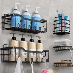 Produktbild: Duschablage Ohne Bohren, 5 Stück Badezimmer Organizer, Duschregal Ohne Bohren, Bad Organizer Badezimmer Regal Schwarz aus SUS304 Edelstahl, Badregal Duschkorb Shampoo Halterung für Dusche
