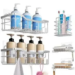 Produktbild: Duschablage Ohne Bohren, 5 Stück Badezimmer Organizer, Duschregal Ohne Bohren, Bad Organizer Badezimmer Regal Silbergrau aus SUS304 Edelstahl, Badregal Duschkorb Shampoo Halterung für Dusche