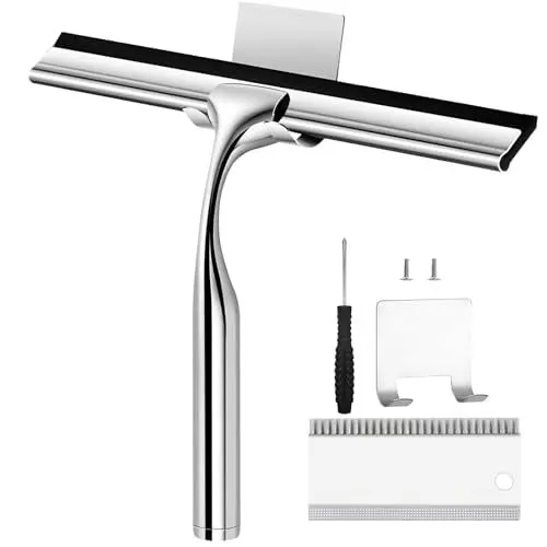Produktbild: Duschabzieher Edelstahl Fensterabzieher 25cm mit Wandaufhänger und Spaltreinigungswerkzeuge Ohne Bohren für Badezimmer, Küche, Fenster und Auto Glas Reinigung