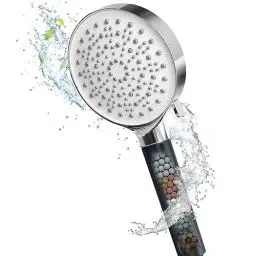 Produktbild: Newentor Duschkopf Wassersparender, Duschbrause mit 6 Strahlarten und 2 Packungen Mineralperlen Hochdruck Handbrause für Entfernen vom Harten Wasser, Rest-Chlor, Bakterien und Schwermetall, Schwarz