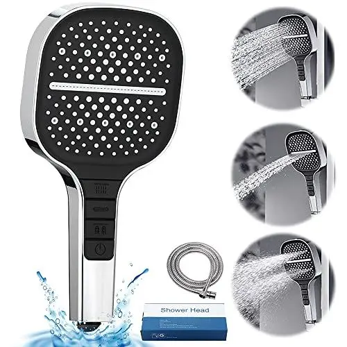 Produktbild: Duschkopf Wassersparend, CJBIN Universal Hochdruck Duschbrause mit 1.5 M Schlauch & 8 Strahlarten, Großer Handheld Shower Head, Leistungsstarker Quadratischer Brausekopf Dusche, Einhand Einstellbar