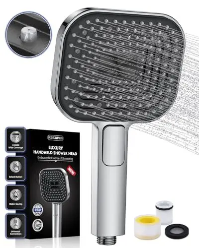 Produktbild: Duschkopf Wassersparend, Duschbrause Groß 135mm, Handbrause mit Antikalk-Funktion <strong>Lebensmittelechtes Silikon:</strong> <strong>43% Wassereinsparung:</strong> , AirMix Brausekopf Dusche mit 3 Strahlarten, Chrom (Ohne Schlauch)