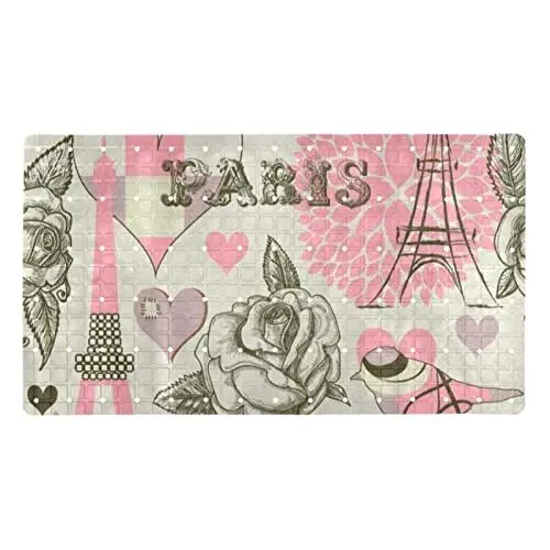 Produktbild: Duschmatte für Badewanne,PVC-Badewannenmatte,Paris-Eiffelturm-Vogel-Blume,Bodenmatte,rutschfeste Matte,Badezimmermatte
