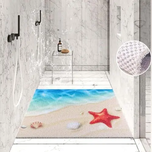 Produktbild: Duschmatte rutschfest, 40 x 60 cm Weich Komfort Sicherheits Badewannenmatte mit Ablauflöchern, PVC-Luffa Duschmatten Fleckenschutz, Freier Schnitt, Schnell trocknend (Strand Seesterne, 60x60 cm)