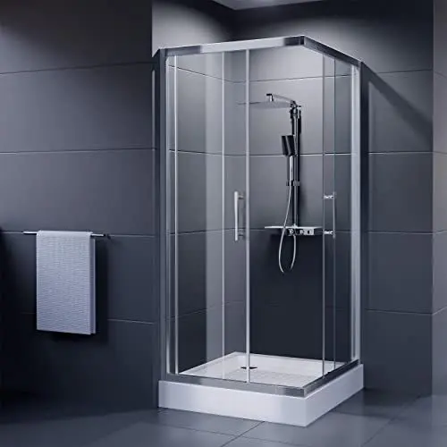 Produktbild: Duschmeister Duschkabine Komplett 90x90cm Schiebetür Eckeinstieg INKLUSIVE Duschtasse 90x90 x 185cm Höhe Komplettset Dusche mit Abperleffekt Nano Beschichtung Höhe 15cm Gesamt 200 cm Gleittüren