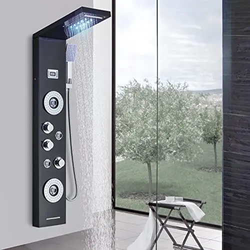 Produktbild: Duschpaneel Duschsäule Hydromassage mit Duschkopf LED Duschsystem Wasserauslass Multifunktion Edelstahl Schwarz