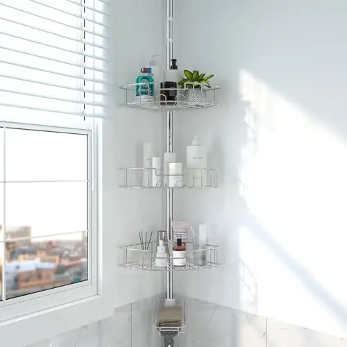 Produktbild: DAKEPOLE Duschregal, Duschablage ohne Bohren Eckregal Stehend Badregal Teleskopregal mit 4 Körben, Shower Shelf für Badewanne und Badezimmer Rostfrei 137-317CM Schwarz,Silber