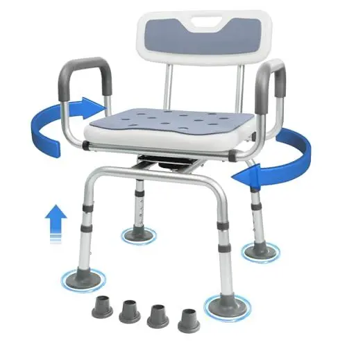 Produktbild: Duschstuhl mit Armlehnen, Drehbarer Duschhocker, Duschhocker für Senioren, Höhenverstellbarer Badewannensitz, Duschsitz, Badhocker für Erwachsene, Badewannendrehsitz, Badestuhl (Grau, Large)