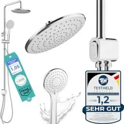 Produktbild: Duschsystem ohne Armatur Edelstahl rostfrei mit Druckknopf - 50% wasserspar Wellness Duschset ohne Armatur - Überkopfbrauseset - Regendusche mit Wandhalterung Komplettset für Dusche und Badewanne