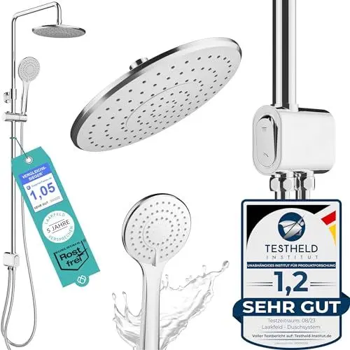 Produktbild: Duschsystem ohne Armatur Edelstahl rostfrei mit Druckknopf - 50% wasserspar Wellness Duschset ohne Armatur - Überkopfbrauseset - Regendusche mit Wandhalterung Komplettset für Dusche und Badewanne