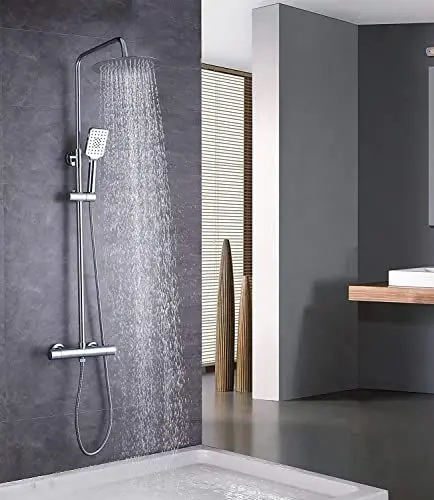 Produktbild: Duschsystem von ELBE aus Edelstahl, mit Thermostat, Handbrause, Regendusche mit rundem Duschkopf Ø 25 cm