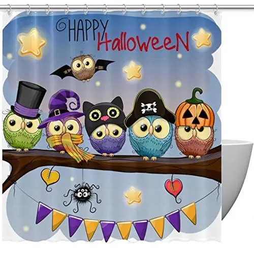 Produktbild: Duschvorhänge für Badezimmer, Stoff-Duschvorhang mit Haken, stilvoller moderner Vorhang, Baddekoration,Glückliche Halloween Karikatur Eulen Kürbis Spinne