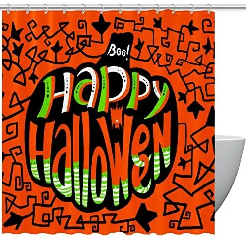 Produktbild: Duschvorhänge für Badezimmer, Stoff-Duschvorhang mit Haken, stilvoller moderner Vorhang, Baddekoration,Glücklicher Halloween Kürbis Cartoon