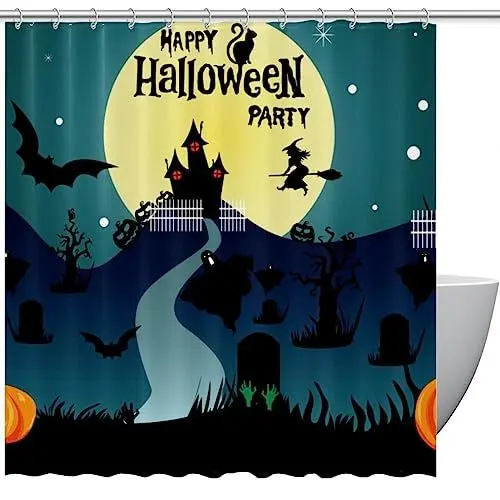Produktbild: Duschvorhänge für Badezimmer, Stoff-Duschvorhang mit Haken, stilvoller moderner Vorhang, Baddekoration,Halloween Karikatur Kürbis Laternen Schloss